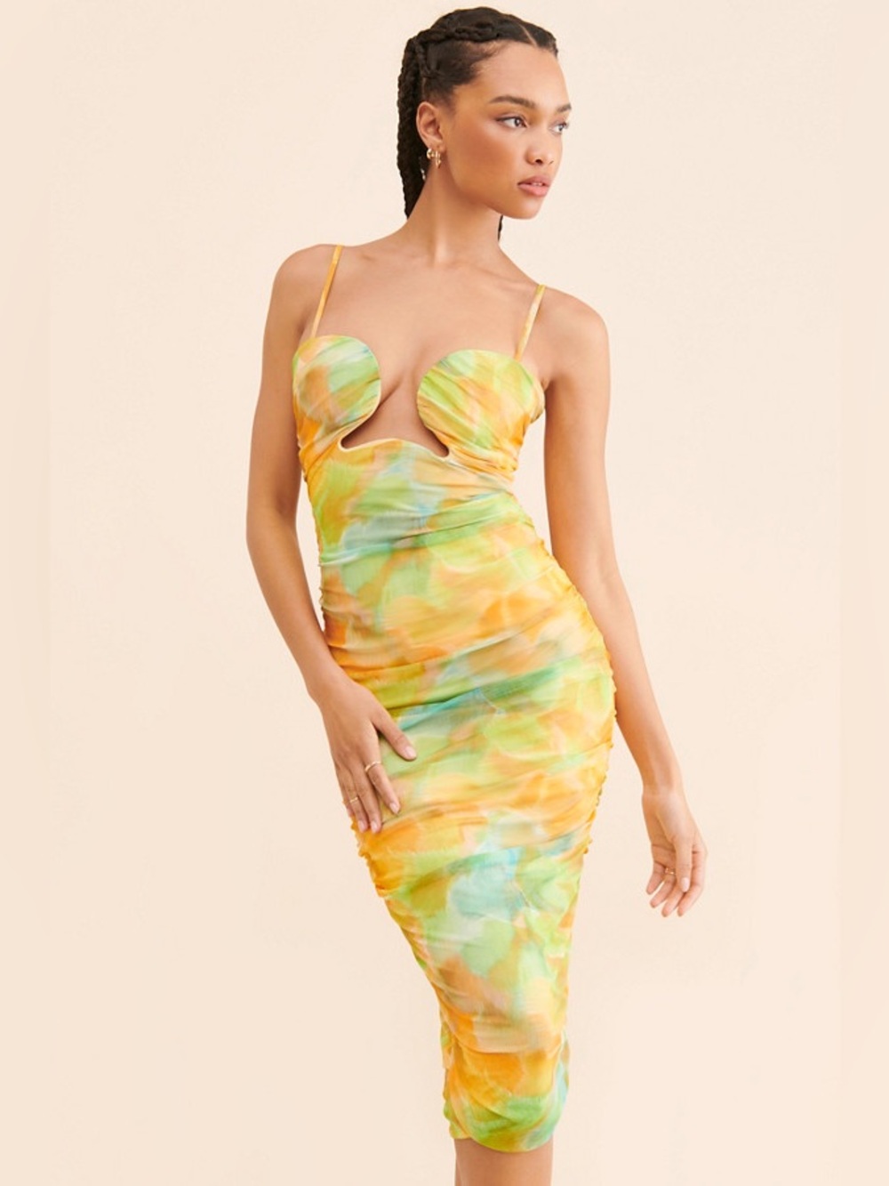 Sculpted Cutout Midi Dress in Yellow and Green Watercolor